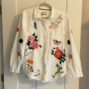 Anthropologie White Floral Embroidered Button Down Shirt
